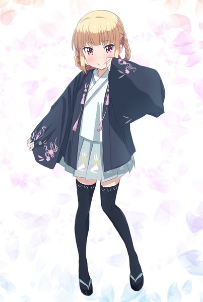 Anime picture 1375x2048 with new game! doga kobo iijima yun pink x single tall image looking at viewer fringe short hair simple background blonde hair smile standing full body blunt bangs braid (braids) traditional clothes japanese clothes pink eyes alternate costume