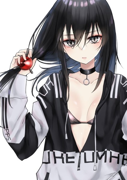Anime-Bild 1062x1505 mit original piripun single long hair tall image looking at viewer blush fringe breasts light erotic black hair simple background hair between eyes standing white background cleavage upper body long sleeves parted lips arm up