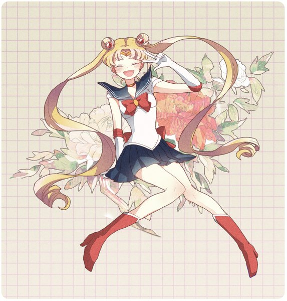 Anime picture 1200x1257 with bishoujo senshi sailor moon toei animation tsukino usagi sailor moon iku1539 single long hair tall image blush open mouth blonde hair smile sitting twintails eyes closed very long hair pleated skirt border happy plaid