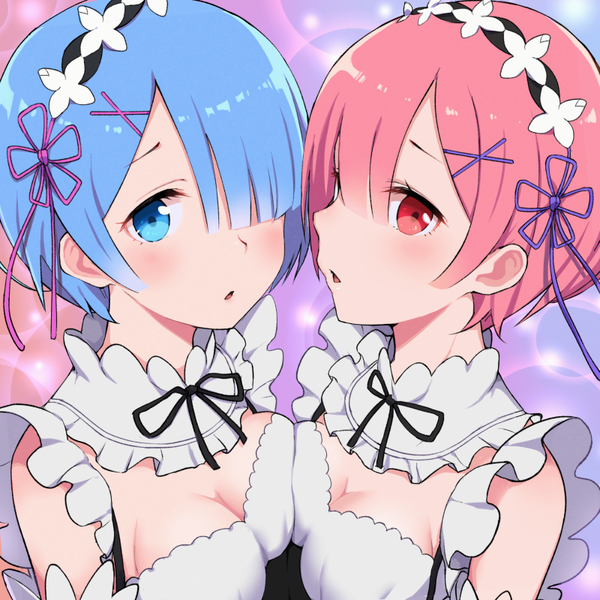 Anime picture 800x800 with re:zero kara hajimeru isekai seikatsu white fox rem (re:zero) ram (re:zero) deca purio looking at viewer blush fringe short hair breasts blue eyes light erotic red eyes large breasts multiple girls blue hair pink hair cleavage upper body parted lips