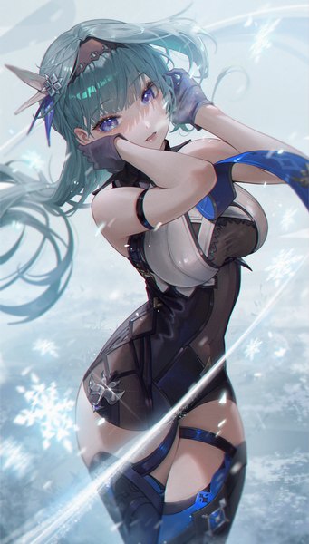 Anime picture 2339x4117 with genshin impact eula lawrence sssong aa single long hair tall image looking at viewer fringe highres breasts open mouth blue eyes light erotic large breasts bare shoulders outdoors blunt bangs head tilt wind aqua hair