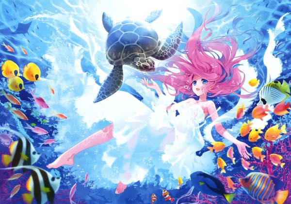 Anime picture 3300x2326 with original eshi 100-nin ten carnelian single long hair highres open mouth blue eyes pink hair absurdres barefoot scan looking up underwater girl dress animal white dress fish (fishes) mantle