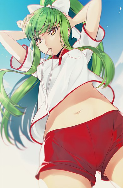 Anime picture 600x920 with code geass sunrise (studio) c.c. creayus single long hair tall image fringe light erotic holding yellow eyes looking away sky cloud (clouds) ponytail green hair sunlight bare belly from below midriff