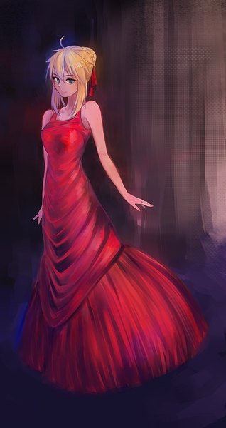 Anime picture 500x943 with fate (series) fate/extra type-moon nero claudius (fate) (all) nero claudius (fate) saitou (lynx-shrike) single tall image blush fringe breasts blonde hair smile green eyes ahoge head tilt alternate costume sleeveless girl dress