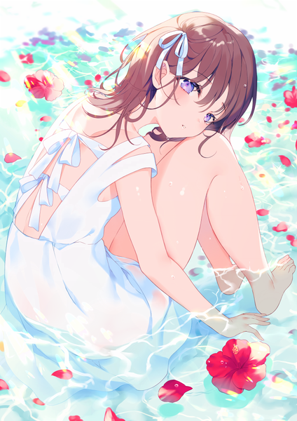 Anime picture 706x1000 with original achiki single long hair tall image looking at viewer blush fringe hair between eyes brown hair sitting purple eyes full body bent knee (knees) parted lips barefoot from above sunlight wet partially submerged