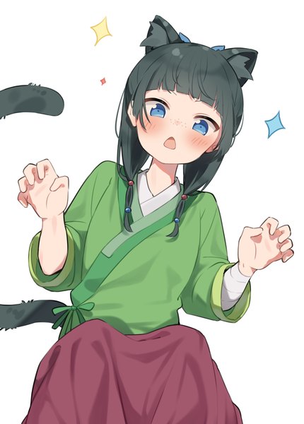 Anime picture 1687x2354 with kusuriya no hitorigoto maomao (kusuriya no hitorigoto) yadon otaku single long hair tall image blush open mouth blue eyes black hair simple background white background animal ears tail traditional clothes animal tail cat ears sparkle cat girl cat tail