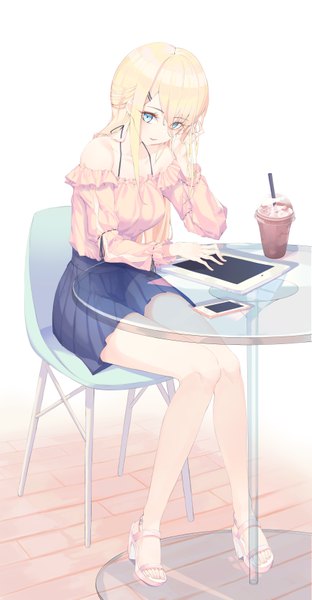 Anime-Bild 3617x6954 mit original munseonghwa single long hair tall image looking at viewer fringe highres breasts blue eyes simple background blonde hair hair between eyes white background sitting payot absurdres full body parted lips pleated skirt