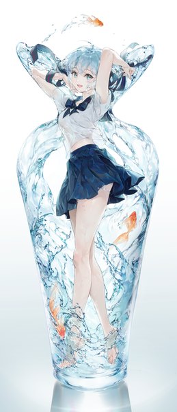 Anime picture 1676x3881 with vocaloid hatsune miku bottle miku chap sal ! single tall image looking at viewer fringe open mouth blue eyes simple background hair between eyes twintails blue hair full body very long hair :d arms up gradient background liquid hair
