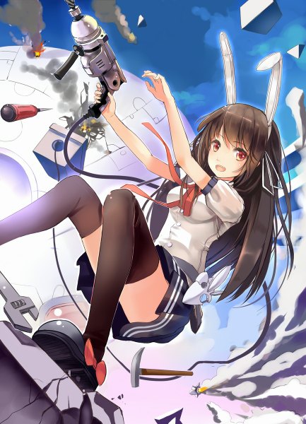 Anime picture 866x1200 with original jojofon single long hair tall image looking at viewer open mouth black hair red eyes animal ears bunny ears girl thighhighs skirt black thighhighs shirt
