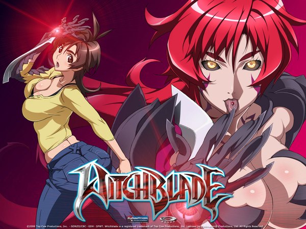 Anime picture 1600x1200 with witchblade amaha masane uno makoto long hair looking at viewer fringe breasts open mouth light erotic hair between eyes large breasts multiple girls brown eyes yellow eyes red hair copyright name piercing watermark dual persona logo