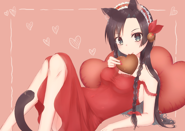 Anime picture 4093x2894 with original udukinemu single long hair looking at viewer highres breasts light erotic simple background brown hair bare shoulders brown eyes animal ears absurdres tail braid (braids) nail polish animal tail cat ears cat girl