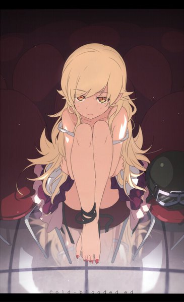 Anime picture 633x1040 with bakemonogatari shaft (studio) monogatari (series) oshino shinobu ogipote single long hair tall image looking at viewer fringe light erotic blonde hair hair between eyes sitting bare shoulders yellow eyes full body bent knee (knees) nail polish barefoot