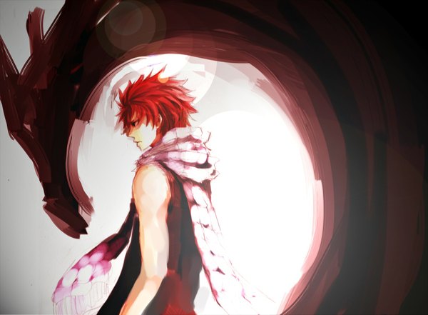 Anime picture 1500x1104 with fairy tail natsu dragneel rebornartist single fringe short hair brown eyes red hair profile boy scarf dragon