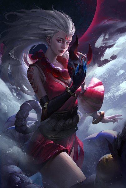 Anime picture 3500x5191 with league of legends diana (league of legends) x.four single long hair tall image highres red eyes standing holding looking away absurdres cleavage silver hair outdoors parted lips horn (horns) wind realistic wide sleeves