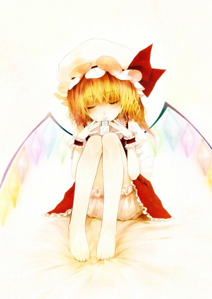 Anime picture 708x1000 with touhou ipod flandre scarlet chinchickrin single tall image fringe short hair simple background blonde hair white background sitting eyes closed barefoot girl wings bonnet knickers