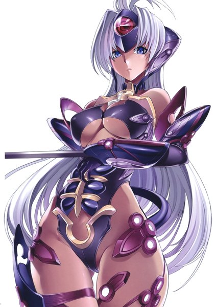 Anime picture 2128x3015 with xenosaga monolith software t-elos hakaba (dairiseki) single long hair tall image looking at viewer highres breasts blue eyes light erotic simple background white background silver hair dark skin girl suit
