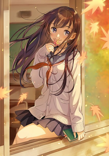 Anime picture 595x842 with original morikura en single long hair tall image blush fringe smile brown hair sitting purple eyes looking away wind autumn classroom girl skirt uniform miniskirt window