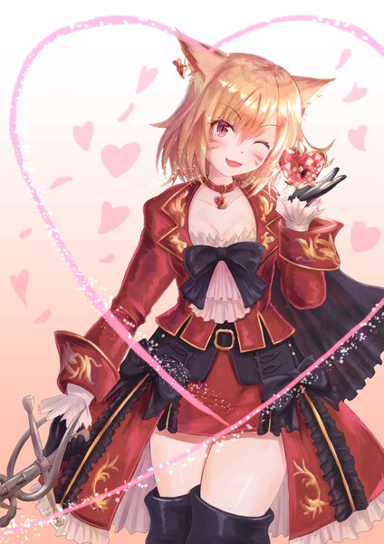 Anime picture 2894x4093 with final fantasy final fantasy xiv square enix miqo'te red mage cocoasabure single tall image looking at viewer fringe highres short hair breasts open mouth blonde hair red eyes animal ears cleavage long sleeves one eye closed
