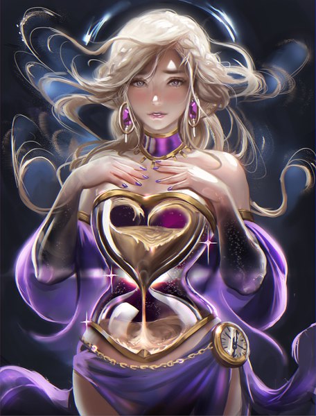 Anime picture 1988x2615 with original sakimichan single long hair tall image looking at viewer blush highres blonde hair simple background standing purple eyes bare shoulders cleavage nail polish parted lips fingernails realistic wide sleeves sparkle