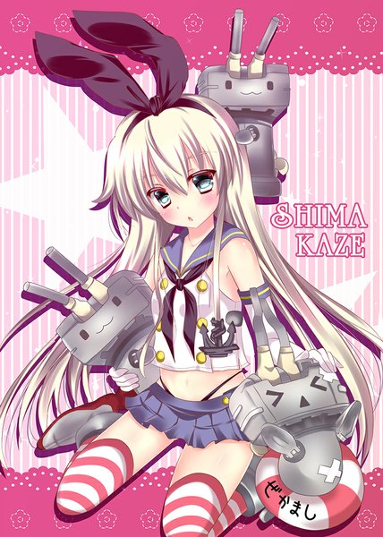 Anime picture 800x1122 with kantai collection shimakaze destroyer rensouhou-chan rika-tan (rikatantan) long hair tall image looking at viewer blush open mouth blue eyes white hair girl thighhighs gloves bow weapon hair bow miniskirt elbow gloves striped thighhighs