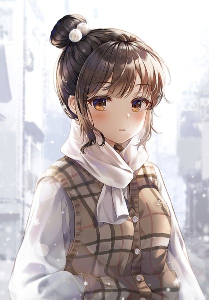 Anime picture 700x1003 with original connie (keean2019) single tall image looking at viewer blush fringe short hair black hair brown eyes payot upper body outdoors parted lips blurry hair bun (hair buns) depth of field lens flare snowing winter