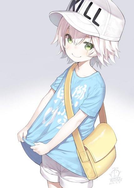 Anime picture 714x1000 with fate (series) fate/grand order hataraku saibou david production jack the ripper (fate/apocrypha) platelet (hataraku saibou) capriccio single tall image looking at viewer fringe short hair simple background smile hair between eyes green eyes signed white hair from above dated