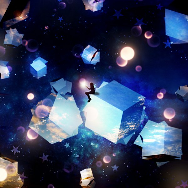 Anime picture 1000x1000 with original harada miyuki single short hair sitting cloud (clouds) shadow light scenic space silhouette abstract boy star (stars) cube