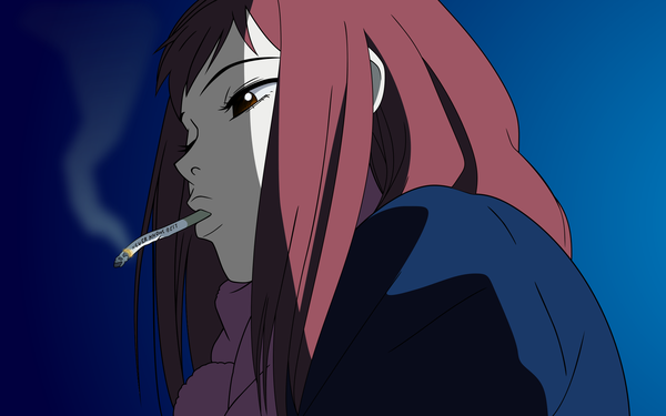 Anime picture 1920x1200 with flcl gainax samejima mamimi single long hair highres simple background wide image looking away red hair blue background shaded face smoke face vector smoking girl cigarette