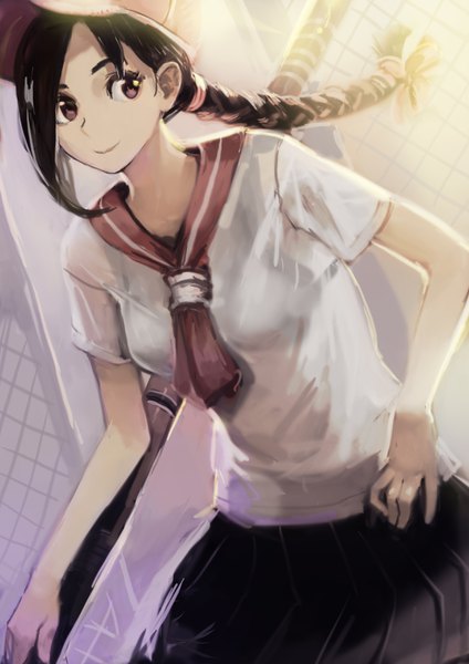 Anime picture 2480x3508 with original okuto single long hair tall image looking at viewer fringe highres breasts light erotic black hair smile standing brown eyes payot braid (braids) pleated skirt sunlight short sleeves single braid