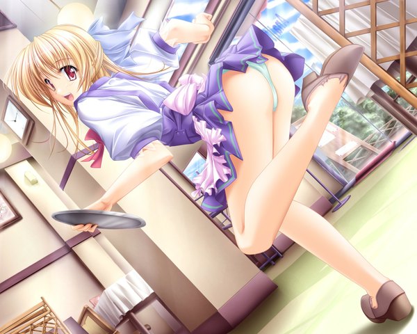Anime picture 1600x1280 with tenmaso single long hair looking at viewer fringe open mouth light erotic blonde hair red eyes looking back arched back waitress girl underwear panties bow hair bow tray
