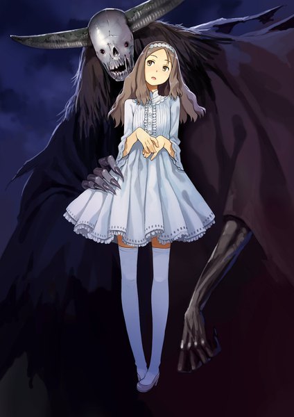 Anime picture 1131x1600 with original yoshida seiji single long hair tall image open mouth brown hair brown eyes looking away long sleeves horn (horns) wide sleeves wavy hair girl thighhighs dress white thighhighs hairband white dress skull
