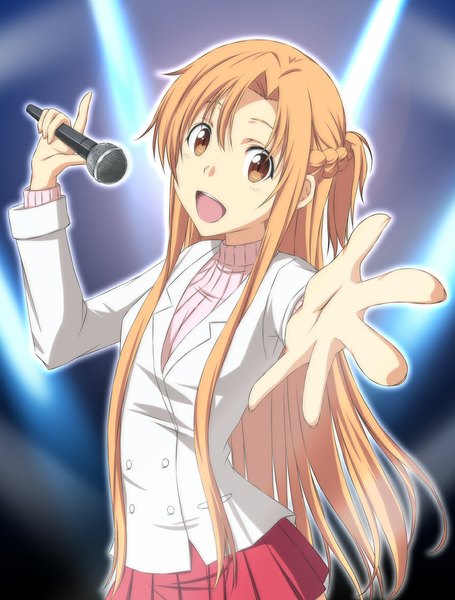 Anime picture 887x1169 with sword art online a-1 pictures yuuki asuna nori tamago single long hair tall image looking at viewer open mouth brown hair brown eyes girl skirt microphone