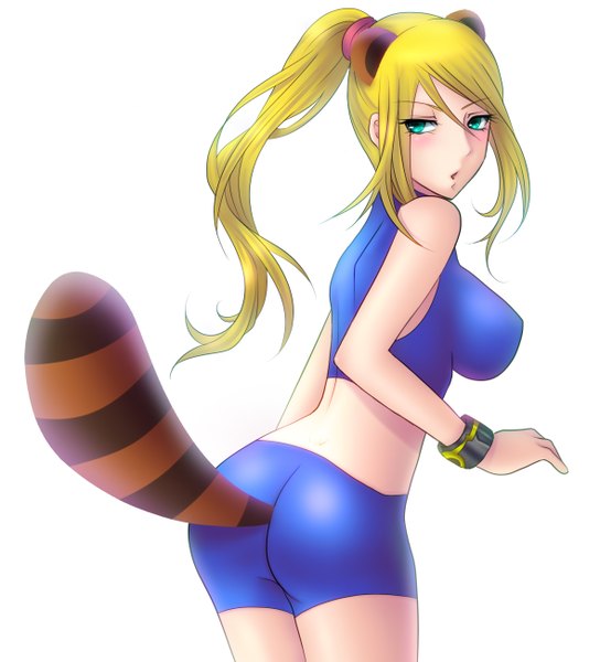 Anime picture 1180x1300 with metroid samus aran kuroma (atapi) long hair tall image blush breasts open mouth blue eyes light erotic simple background blonde hair large breasts white background animal ears ponytail tail animal tail girl