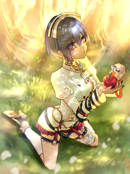 Anime picture 1500x2000 with d4dj sophia (d4dj) uirotori single tall image looking at viewer fringe short hair breasts purple eyes holding full body outdoors nail polish from above sunlight hair over one eye kneeling official alternate costume black nail polish