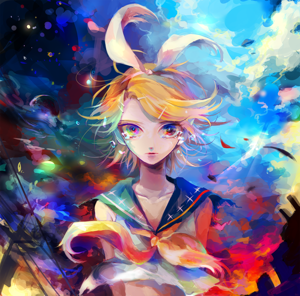 Anime picture 2084x2059 with vocaloid kagamine rin nagame (nagaiame) single looking at viewer highres short hair blonde hair red eyes sky cloud (clouds) upper body wind tears sailor collar girl bow hair bow