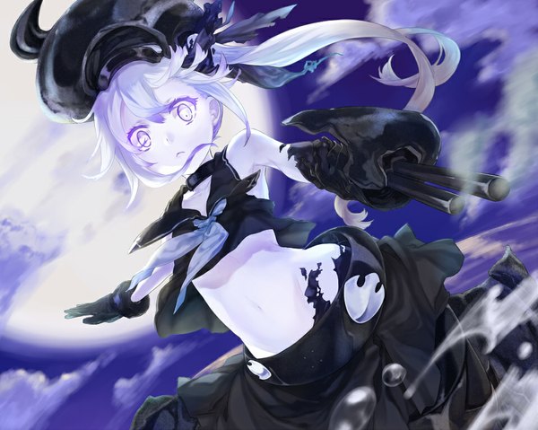 Anime picture 959x767 with kantai collection destroyer hime fumizuki single long hair looking at viewer fringe purple eyes twintails cloud (clouds) white hair horn (horns) wind night no bra bare belly from below night sky sleeveless torn clothes