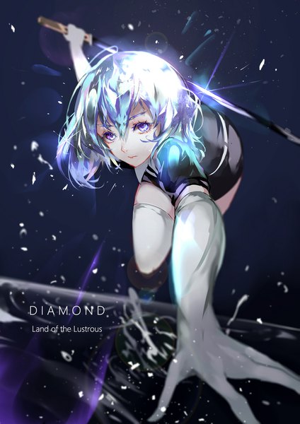 Anime picture 1273x1800 with houseki no kuni diamond (houseki no kuni) vardan single tall image looking at viewer fringe short hair blue eyes hair between eyes aqua hair copyright name character names spread arms androgynous thighhighs gloves weapon white thighhighs sword