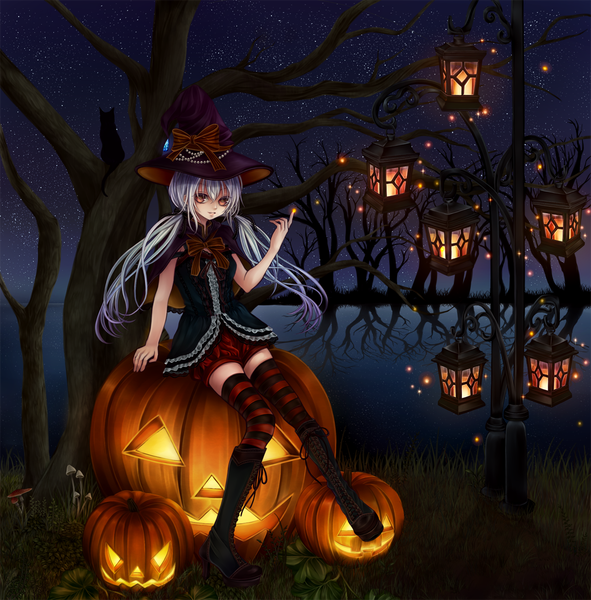 Anime picture 1200x1219 with original shio (blacksio) single long hair tall image red eyes twintails blue hair silver hair night glowing halloween lacing bare tree girl thighhighs bow plant (plants) hat tree (trees)