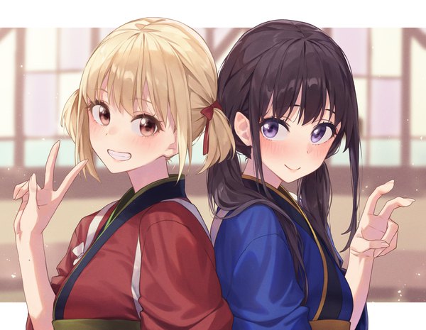 Anime picture 2932x2270 with lycoris recoil nishikigi chisato inoue takina banana oekaki long hair looking at viewer blush highres short hair black hair blonde hair smile purple eyes twintails multiple girls brown eyes payot upper body traditional clothes japanese clothes