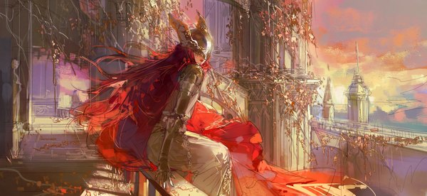 Anime picture 4399x2025 with elden ring malenia blade of miquella moluxiang single long hair highres wide image sitting absurdres sky cloud (clouds) outdoors red hair sketch girl building (buildings) cape helmet railing