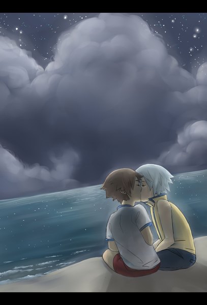 Anime picture 2850x4200 with kingdom hearts square enix sora (kingdom hearts) riku (kingdom hearts) meexart tall image highres short hair blonde hair brown hair sky cloud (clouds) white hair eyes closed multiple boys beach back kiss shounen ai boy