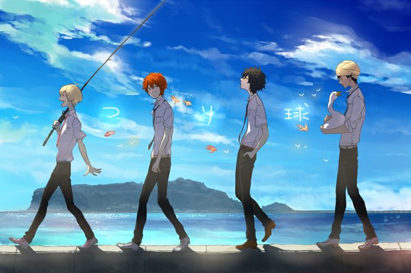 Anime picture 1000x666 with tsuritama a-1 pictures haru (tsuritama) sanada yuki usami natsuki akira agarkar yamada tapioca ayaka0415 short hair open mouth black hair blonde hair holding sky cloud (clouds) full body red hair profile sunlight multiple boys