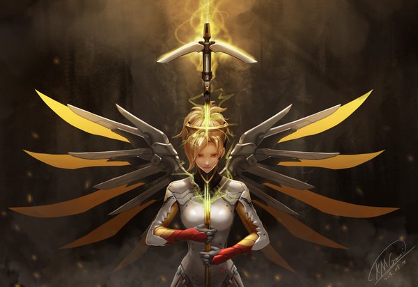 Anime picture 3431x2356 with overwatch blizzard entertainment mercy (overwatch) shou mai single looking at viewer fringe highres breasts red eyes standing holding signed absurdres lips dark background glowing weapon mechanical wings girl weapon