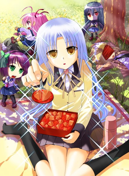 Anime picture 2350x3200 with angel beats! key (studio) tachibana kanade nakamura yuri yui (angel beats!) hinata hideki ninja shiina tk (angel beats!) tall image fringe highres open mouth black hair blonde hair sitting purple eyes multiple girls brown eyes green eyes pink hair