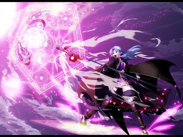 Anime picture 1600x1200 with fate (series) fate/stay night mahou shoujo lyrical nanoha studio deen type-moon caster mihane long hair open mouth purple eyes blue hair wallpaper magic parody girl cloak