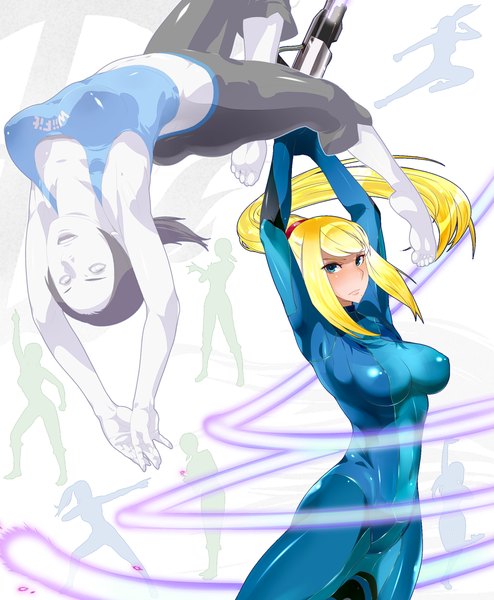 Anime picture 1200x1456 with metroid super smash bros. wii fit nintendo samus aran wii fit trainer yakibuta (shimapow) long hair tall image looking at viewer fringe breasts open mouth blue eyes light erotic black hair blonde hair large breasts white background multiple girls