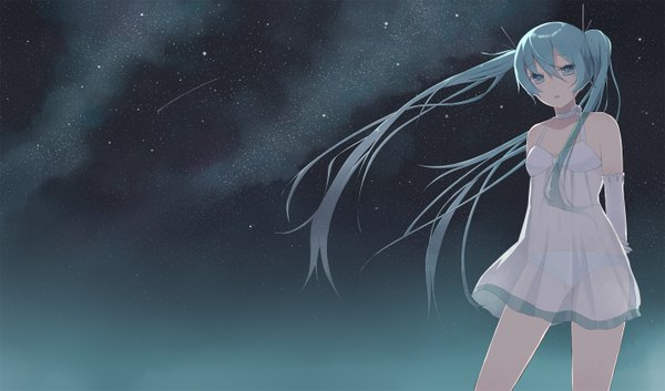 Anime picture 2862x1687 with vocaloid hatsune miku nagitoki single long hair looking at viewer highres wide image twintails bare shoulders aqua eyes aqua hair night girl dress sundress
