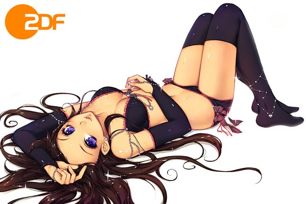 Anime picture 868x580 with original judith park single long hair looking at viewer breasts light erotic simple background brown hair white background purple eyes lying on back legs underwear only leg lift (legs lift) girl thighhighs navel underwear