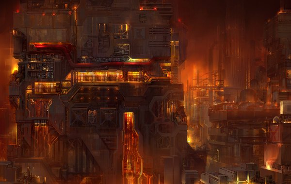 Anime picture 1250x790 with original paperblue city red background science fiction building (buildings)