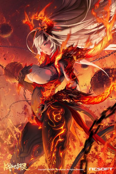 Anime picture 1600x2400 with blade & soul nightmadness single long hair tall image looking at viewer fringe breasts light erotic red eyes large breasts standing silver hair ahoge ass parted lips horn (horns) copyright name floating hair demon girl